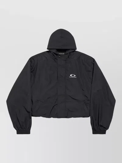 Balenciaga Hooded Windbreaker Jacket Long Sleeve Design In Black