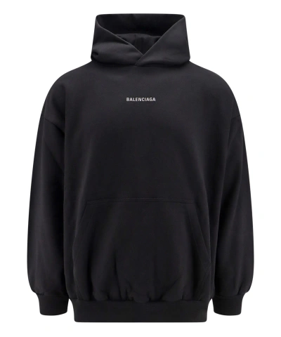 Balenciaga Logo Cotton Hoodie In Washed Black