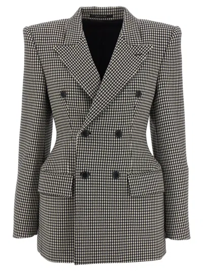 Balenciaga Hourglass Houndstooth Double-breasted Wool Blazer In Gray