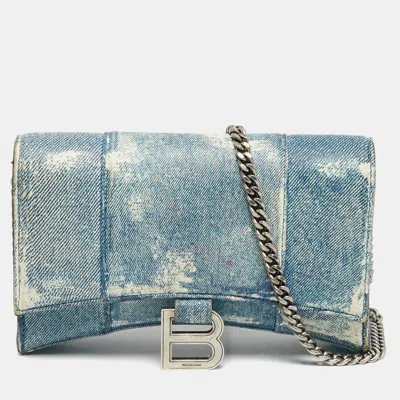 Pre-owned Balenciaga Hourglass Blue Denim Print Leather Wallet On Chain
