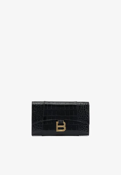 Balenciaga Hourglass Chain Clutch In Croc-embossed Leather In Black