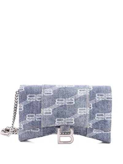Pre-owned Balenciaga Hourglass Chain Wallet Bb Monogram Denim Crossbody Bag In Blue