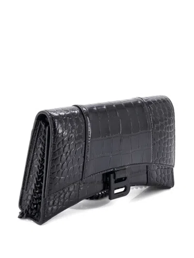 Pre-owned Balenciaga Hourglass Chain Wallet Crocodile Embossed Leather Clutch Bag In Black