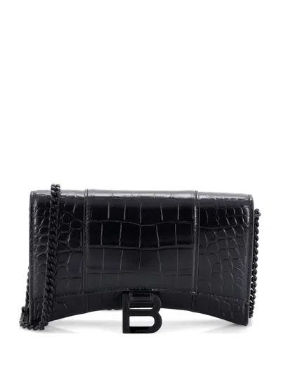 Pre-owned Balenciaga Hourglass Chain Wallet Crocodile Embossed Leather Clutch Bag In Black