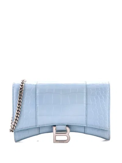 Pre-owned Balenciaga Hourglass Chain Wallet Crocodile Embossed Leather Clutch Bag In Blue