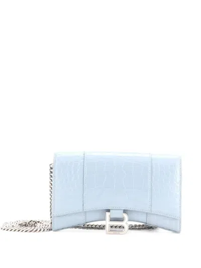 Pre-owned Balenciaga Hourglass Chain Wallet Crocodile Embossed Leather Clutch Bag In Blue