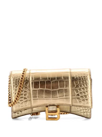 Pre-owned Balenciaga Hourglass Chain Wallet Crocodile Embossed Leather Clutch Bag In Gold