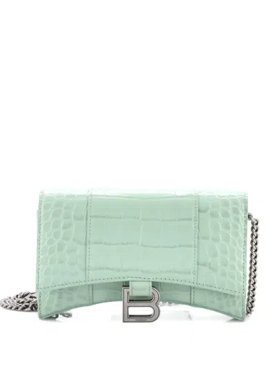 Pre-owned Balenciaga Hourglass Chain Wallet Crocodile Embossed Leather Clutch Bag In Green
