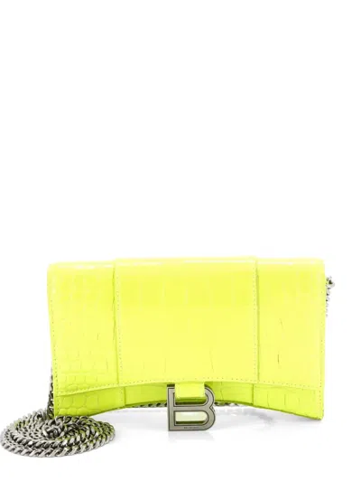 Pre-owned Balenciaga Hourglass Chain Wallet Crocodile Embossed Leather Clutch Bag In Green