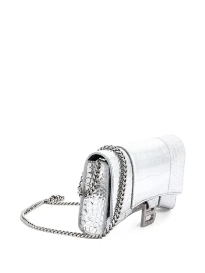 Pre-owned Balenciaga Hourglass Chain Wallet Crocodile Embossed Leather Clutch Bag In Metallic
