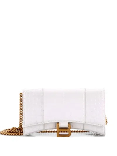 Pre-owned Balenciaga Hourglass Chain Wallet Crocodile Embossed Leather Clutch Bag In White