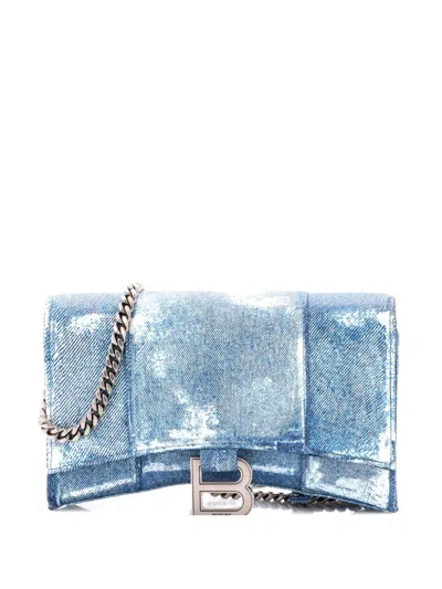 Pre-owned Balenciaga Hourglass Chain Wallet Denim Printed Leather Shoulder Bag In Blue