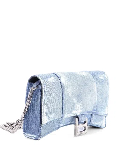 Pre-owned Balenciaga Hourglass Chain Wallet Denim Printed Leather Shoulder Bag In Blue