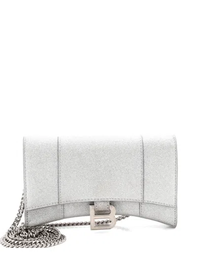 Pre-owned Balenciaga Hourglass Chain Wallet Glitter Leather Crossbody Bag In Gray