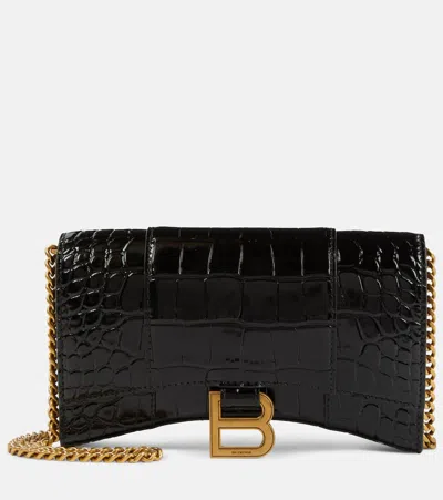 BALENCIAGA HOURGLASS CROC-EFFECT LEATHER WALLET ON CHAIN,P00542166