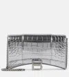 Balenciaga Hourglass Metallic Croc Embossed Leather Wallet On A Chain In Silver