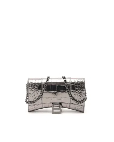 Balenciaga Hourglass Croc Embossed Chain Bag In Neutral