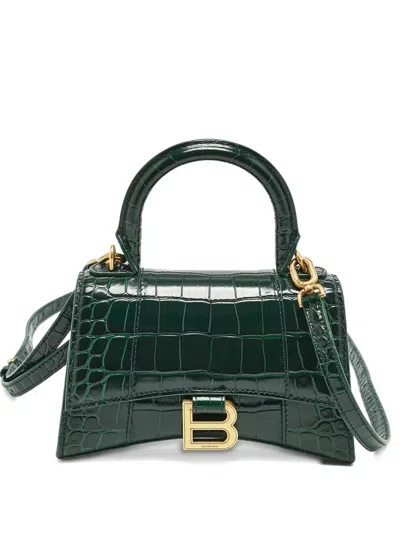 Pre-owned Balenciaga Hourglass Croc-embossed Leather Bag In Green