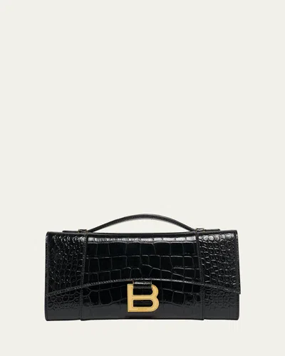 Balenciaga Hourglass Croc-embossed Leather Top-handle Bag In Black