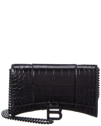Balenciaga Hourglass Croc-embossed Leather Wallet On Chain In Black