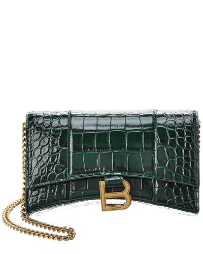 Balenciaga Hourglass Croc-embossed Leather Wallet On Chain In Green