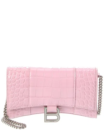 Balenciaga Hourglass Croc-embossed Leather Wallet On Chain In Pink