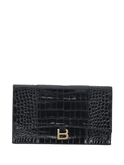 Pre-owned Balenciaga Hourglass Croc-embossed Clutch Bag In Black