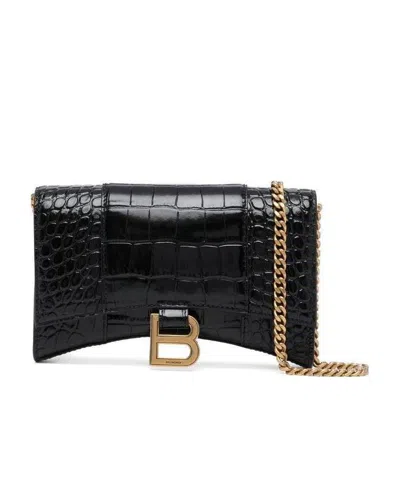 Balenciaga Hourglass Crocodile-effect Chain Wallet In Black