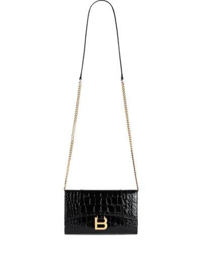 Balenciaga Hourglass Crocodile-embossed Chain-strap Mini Bag In Black