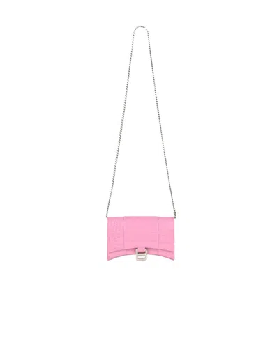 Balenciaga Hourglass Crocodile-embossed Chain Wallet In Pink