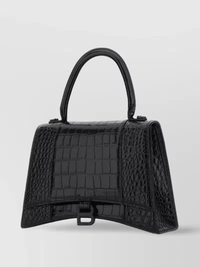 Balenciaga Hourglass Crocodile Embossed Shoulder Bag In Black