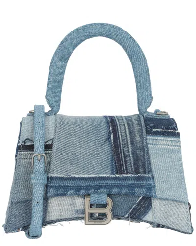 Balenciaga Hourglass Denim Patchwork Top Handle Bag In Blue