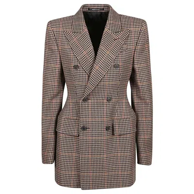 Balenciaga Hourglass Houndstooth Strong Shoulder Double Breasted Wool Blend Blazer In Beige