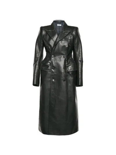 Pre-owned Balenciaga Hourglass Leather Trench Coat In Black