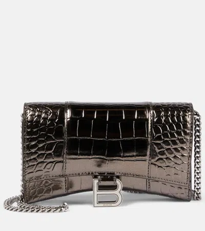 Balenciaga Hourglass Leather Wallet On Chain In Metallic