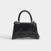 Balenciaga Hourglass Crocodile Embossed Shoulder Bag In Black