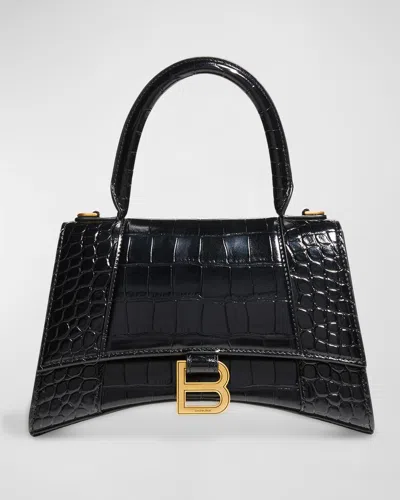 Balenciaga Hourglass Small Croc-embossed Bag In Black