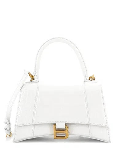 Pre-owned Balenciaga Hourglass Top Handle Bag Crocodile Embossed Leather Small Crossbody Bag In White