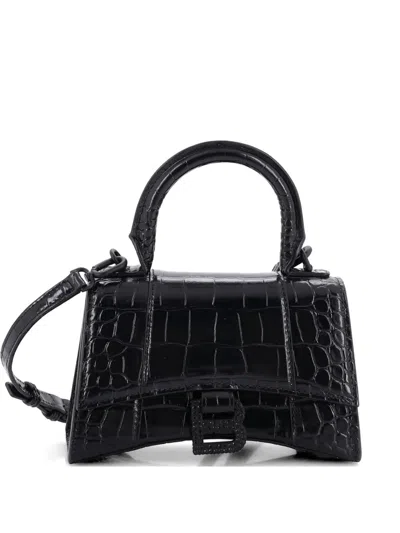 Pre-owned Balenciaga Hourglass Top Handle Bag Crocodile Embossed Leather Xs Satchel In Black