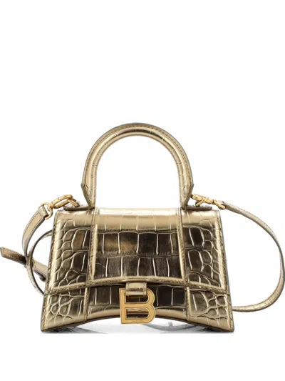 Pre-owned Balenciaga Hourglass Top Handle Bag Crocodile Embossed Leather Xs Satchel In Gold