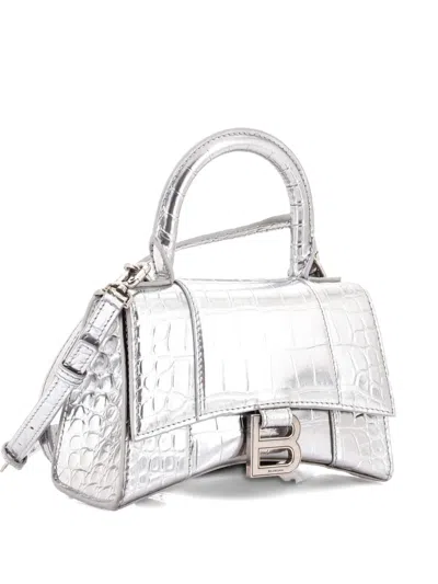 Pre-owned Balenciaga Hourglass Top Handle Bag Crocodile Embossed Leather Xs Satchel In Silver