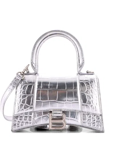 Pre-owned Balenciaga Hourglass Top Handle Bag Crocodile Embossed Leather Xs Satchel In Silver