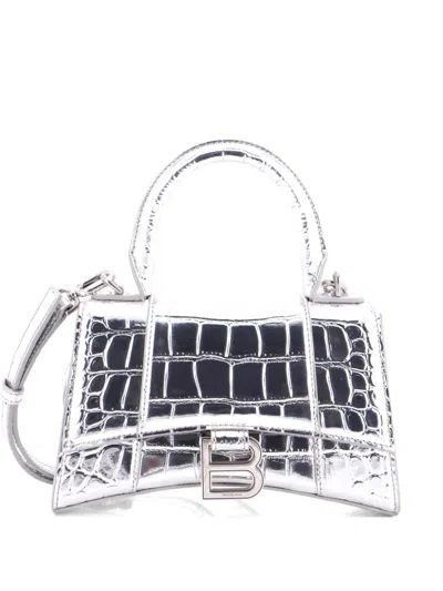 Pre-owned Balenciaga Hourglass Top Handle Bag Crocodile Embossed Leather Xs Satchel In Silver