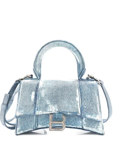 Pre-owned Balenciaga Hourglass Top Handle Bag Denim Printed Leather Small Satchel In Blue