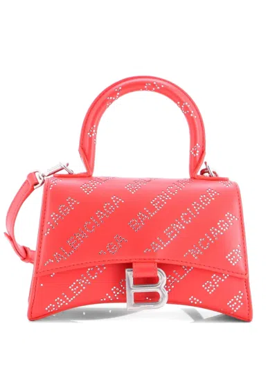 Pre-owned Balenciaga Hourglass Top Handle Bag Leather With Allover Logo Crystals Xs Satchel In Red