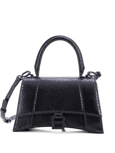Pre-owned Balenciaga Hourglass Top Handle Bag Snakeskin Embossed Leather Small Crossbody Bag In Black