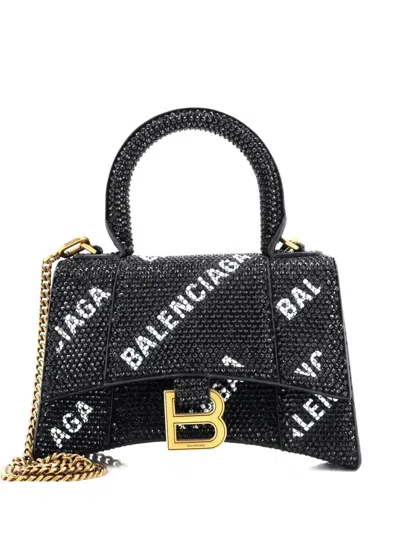 Pre-owned Balenciaga Hourglass Top Handle Bag Suede And Allover Logo Crystals Xs Satchel In Black