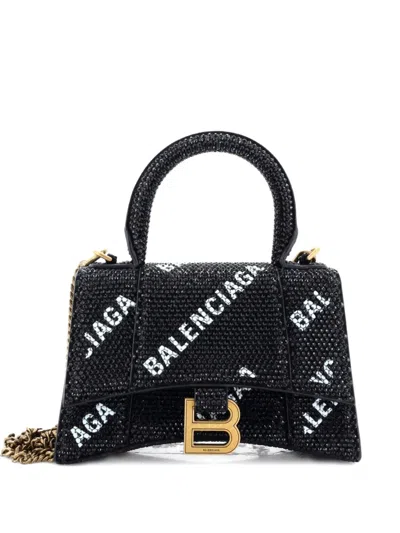 Pre-owned Balenciaga Hourglass Top Handle Bag Suede And Allover Logo Crystals Xs Satchel In Black