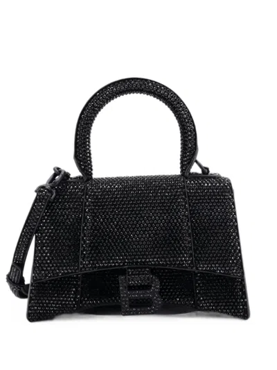 Pre-owned Balenciaga Hourglass Top Handle Bag Suede With Crystals Xs Crossbody Bag In Black