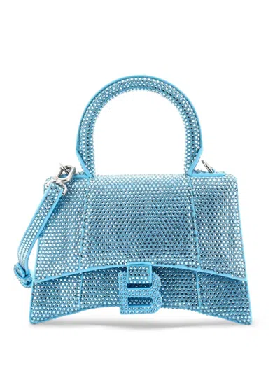 Pre-owned Balenciaga Hourglass Top Handle Bag Suede With Crystals Xs Crossbody Bag In Blue
